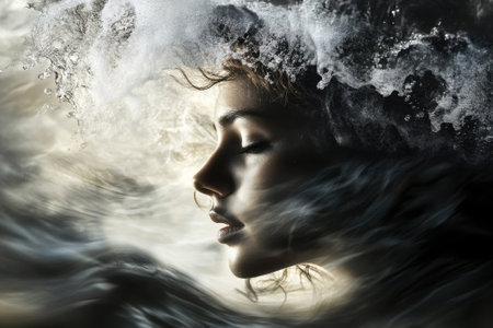 A woman's silhouette merges with crashing waves, capturing the essence of nature and beauty during twilight.の写真素材