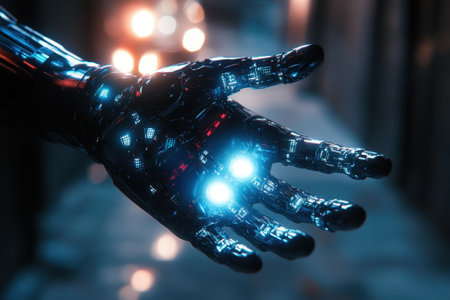 A metallic robotic hand with glowing lights extends into a dark alley, illustrating advanced technology and design.の写真素材