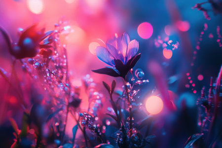 Vibrant flowers glow softly in a mystical garden, lit by enchanting lights during twilight hours.の写真素材