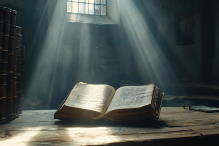 Sunlight shines through a window, casting light on an open book on a wooden table, creating a tranquil atmosphere.の写真素材