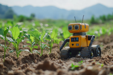 In a vibrant field, a small robot carefully navigates rows of young plants on a sunny day.の写真素材