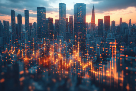 A vibrant city skyline at dusk features tall buildings illuminated by sunset while digital trends overlay.の写真素材