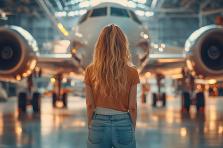 A woman stands fascinated in front of a large airplane in a bright hangar, lost in thoughts of travel.の写真素材