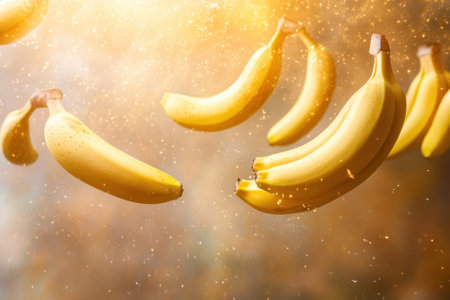Bright yellow bananas float gracefully in midair, illuminated by warm light and sparkling particles.の写真素材