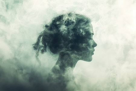 A woman's profile emerges from swirling smoke, creating an ethereal and mystical atmosphere.の写真素材