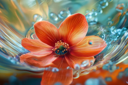 A stunning orange flower gently drifts on the surface of clear water, encircled by bubbles and gentle ripples.の写真素材