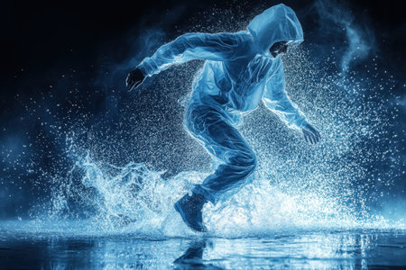 A person wearing a hooded raincoat energetically splashes through illuminated water at night.の写真素材