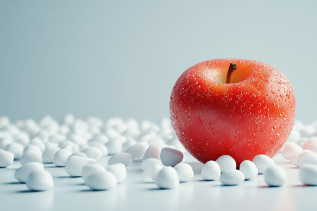 A vibrant red apple sits amidst scattered white candies, glistening with water droplets.の写真素材