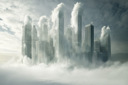 Towering skyscrapers rise dramatically from thick fog, creating an ethereal atmosphere at sunrise.の写真素材