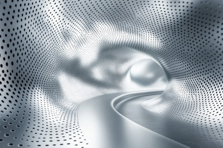 A sleek silver tunnel curves softly, featuring dotted walls that reflect light, creating an ethereal atmosphere.の写真素材
