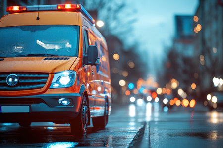 An ambulance stand on a wet city road illuminated by streetlights as evening falls.の写真素材
