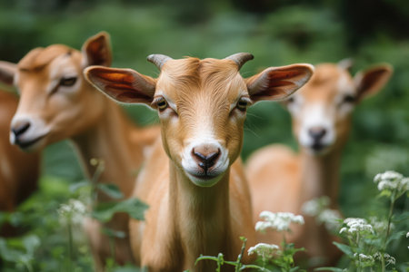Three young goats are curiously exploring a vibrant green landscape filled with foliage and flowers.の写真素材