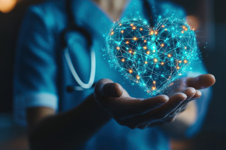 A healthcare worker showcases a luminous heart symbol, symbolizing advancements in medical technology.の写真素材