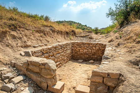 An archaeological site reveals a rectangular stone foundation surrounded by dry terrain.の写真素材