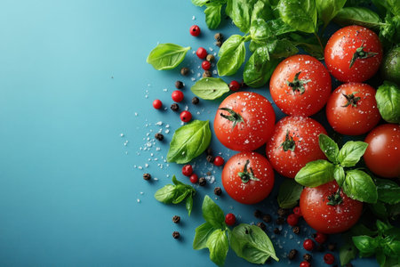 Juicy red tomatoes are garnished with fresh basil and sprinkled with pepper and salt on a blue background.の写真素材