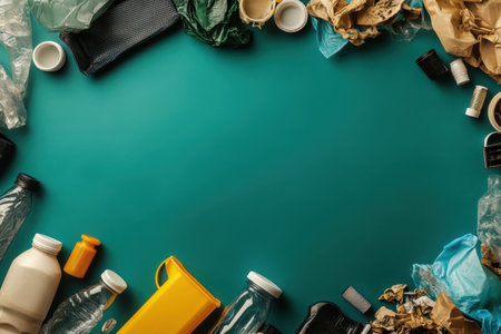 Recyclable items like plastic, paper, and glass are artistically positioned on a vibrant turquoise surface.の写真素材