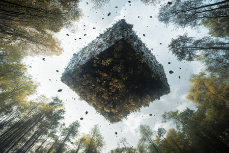 A massive cube filled with vegetation floats above a tranquil forest, surrounded by sunlight and trees.の写真素材