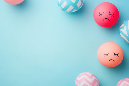 Colorful balls with sad facial expressions are artistically arranged on a blue surface, adding playful emotion.の写真素材