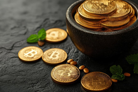 Golden coins representing cryptocurrency are arranged next to a bowl on a dark textured surface.の写真素材