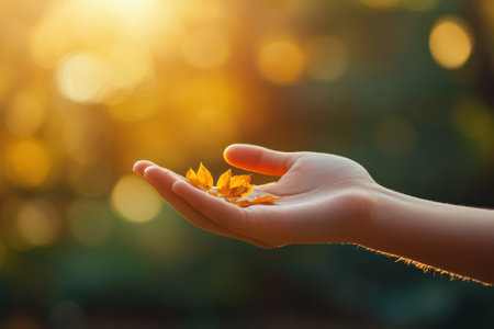 A person gently holds vibrant autumn leaves in their palm, illuminated by soft sunlight, creating a tranquil moment.の写真素材