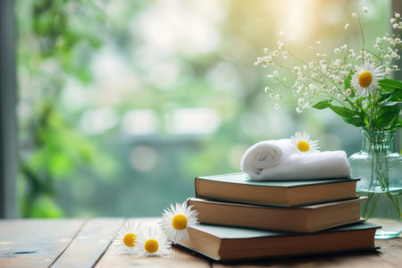 Three stacked books are topped with a rolled towel and adorned with fresh daisies, creating a tranquil atmosphere.の写真素材