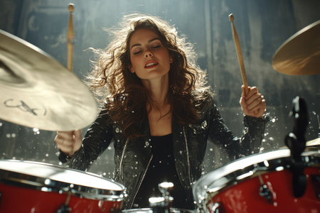 A talented female drummer plays energetically in a vibrant music studio, showcasing her skill and passion.の写真素材