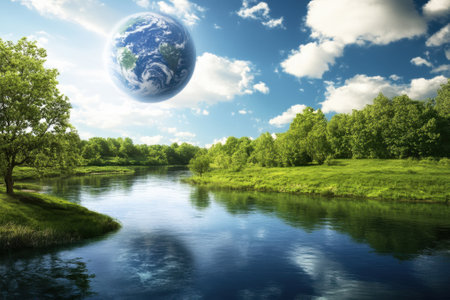 A large globe of Earth is seen hovering above a calm river, framed by vibrant green trees and a clear sky.の写真素材