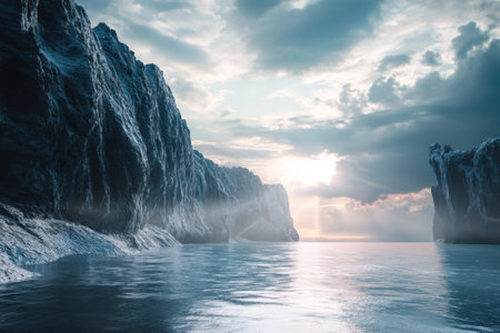 Coastal cliffs rise dramatically above calm waters, illuminated by soft early morning light and clouds.の写真素材