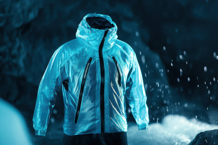 A reflective blue jacket stands prominently against a dark cave, illuminated by cascading water droplets nearby.の写真素材