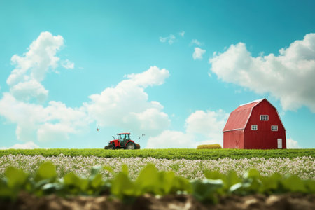 A tractor plows through a green field next to a bright red barn under a blue sky filled with clouds.の写真素材