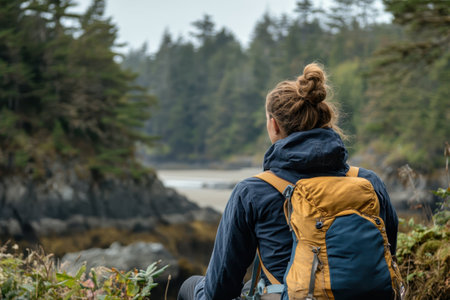 A hiker enjoys a peaceful moment overlooking the beautiful coastal view surrounded by trees.の写真素材
