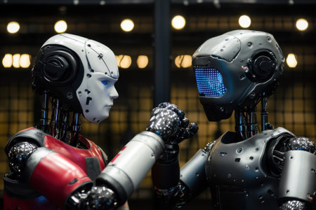Two humanoid robots are interacting in a friendly match at a technology exhibition demonstrating advancements.の写真素材