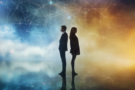 Two people in formal wear stand back to back against a vibrant cosmic background, symbolizing distance and connection.の写真素材