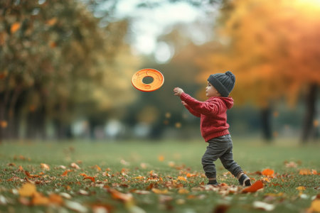 A young child enjoys throwing a frisbee in a park filled with vibrant autumn leaves and trees.の写真素材