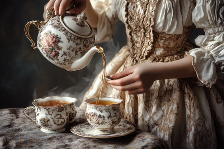 A person pours steaming tea from a beautifully designed teapot into delicate china cups, exuding elegance.の写真素材