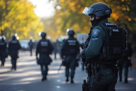 Members of the police department actively patrol a vibrant street lined with autumn trees.の写真素材