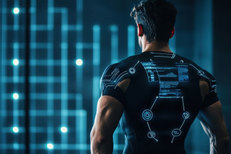 A muscular individual is performing in a high-tech training facility with digital displays illuminated behind them.の写真素材