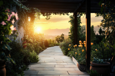 A serene garden pathway leads to a stunning sunset, surrounded by vibrant flowers and plants.の写真素材