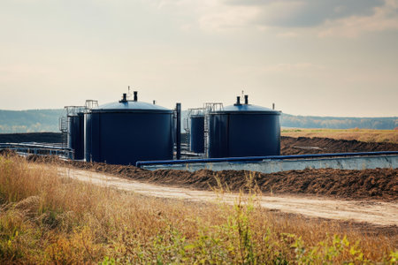 Large industrial tanks sit on a dirt path surrounded by grassland and a cloudy sky in the late afternoon.の写真素材