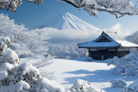 Snow blankets the ground and trees as Mount Fuji rises majestically in the background on a clear winter day.の写真素材