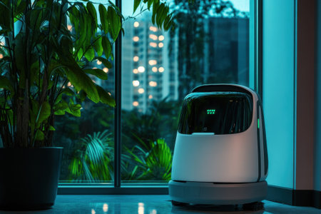 A delivery robot rests next to a plant in a stylish interior while city lights glow in the background.の写真素材