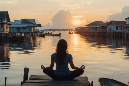 A person sits cross-legged on a dock, meditating as the sun rises over a peaceful water village.の写真素材