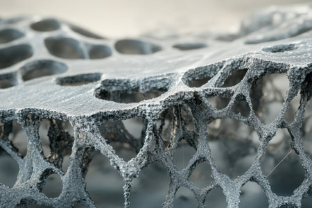Detailed view of a porous material showing a complex structure with interwoven patterns.の写真素材