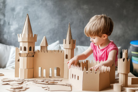A young child is building a cardboard castle in a cozy living room, engaged in imaginative play and crafting.の写真素材