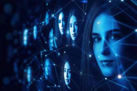 Intricate digital artwork showing multiple faces interconnected by glowing lines in a dark setting.の写真素材