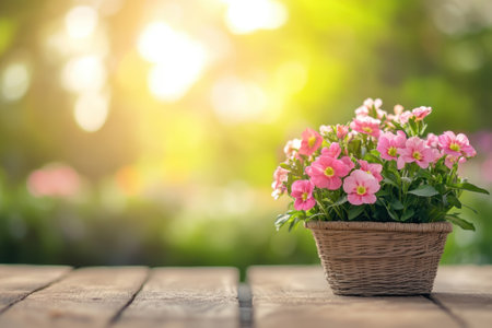 Beautiful pink flowers arranged in a woven basket, illuminated by gentle sunlight in a lush garden.の写真素材