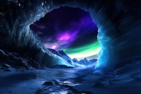 Vibrant colors of aurora borealis fill the night sky above an icy cave in a remote mountain area.の写真素材