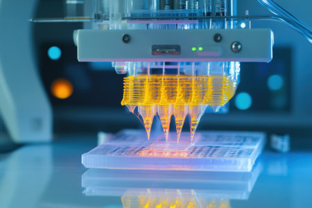 A high-tech device is dispensing liquid onto a clear plate in a modern laboratory environment.の写真素材