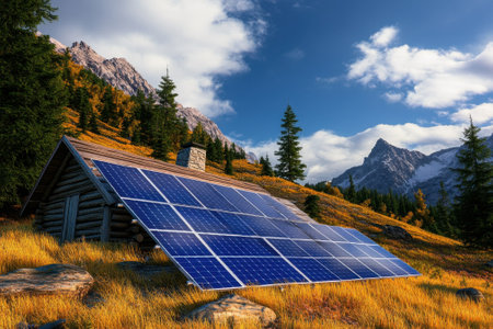 A cabin with solar panels sits among vibrant autumn foliage and majestic mountains under a clear sky.の写真素材