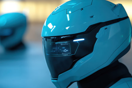Two innovative helmets showcase cutting-edge design and technology, ideal for virtual reality adventures.の写真素材